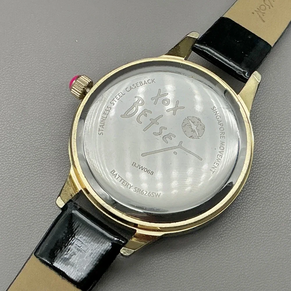 Betsey Johnson Watch Yin Yang Glitter Crystal Black Gold 40mm NEW BATTERY
